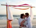 This couple exchanged vows under a 2 post arbor, decorated with tulle.